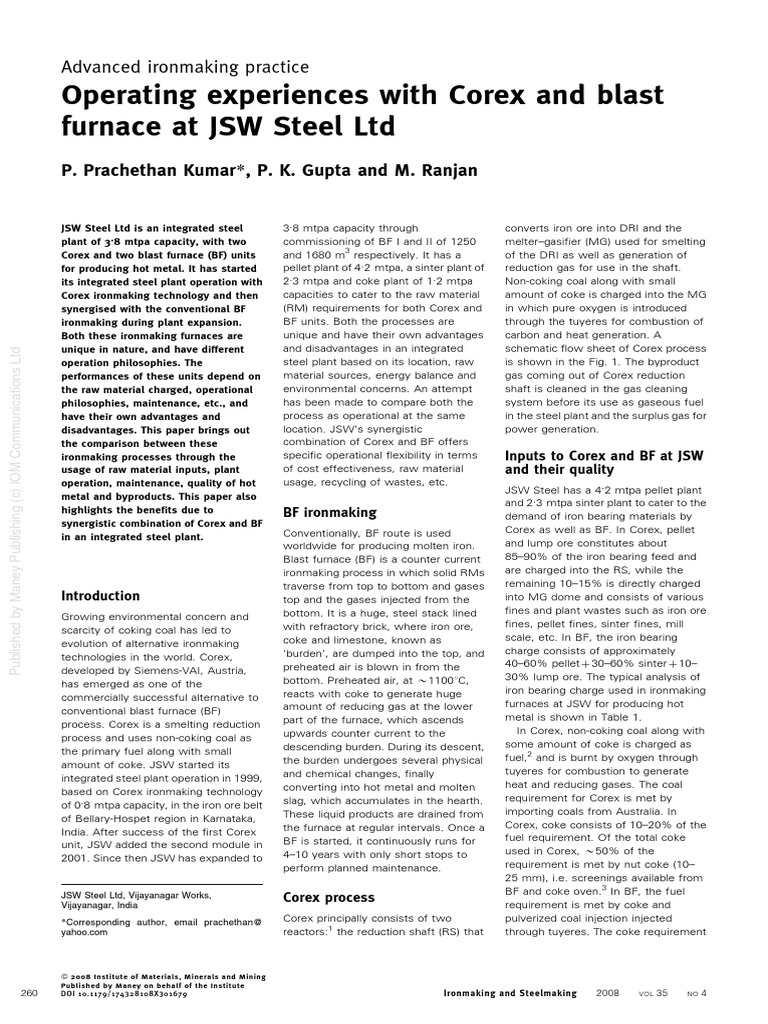 Corex vs. Blast Furnace at JSW Steel | PDF