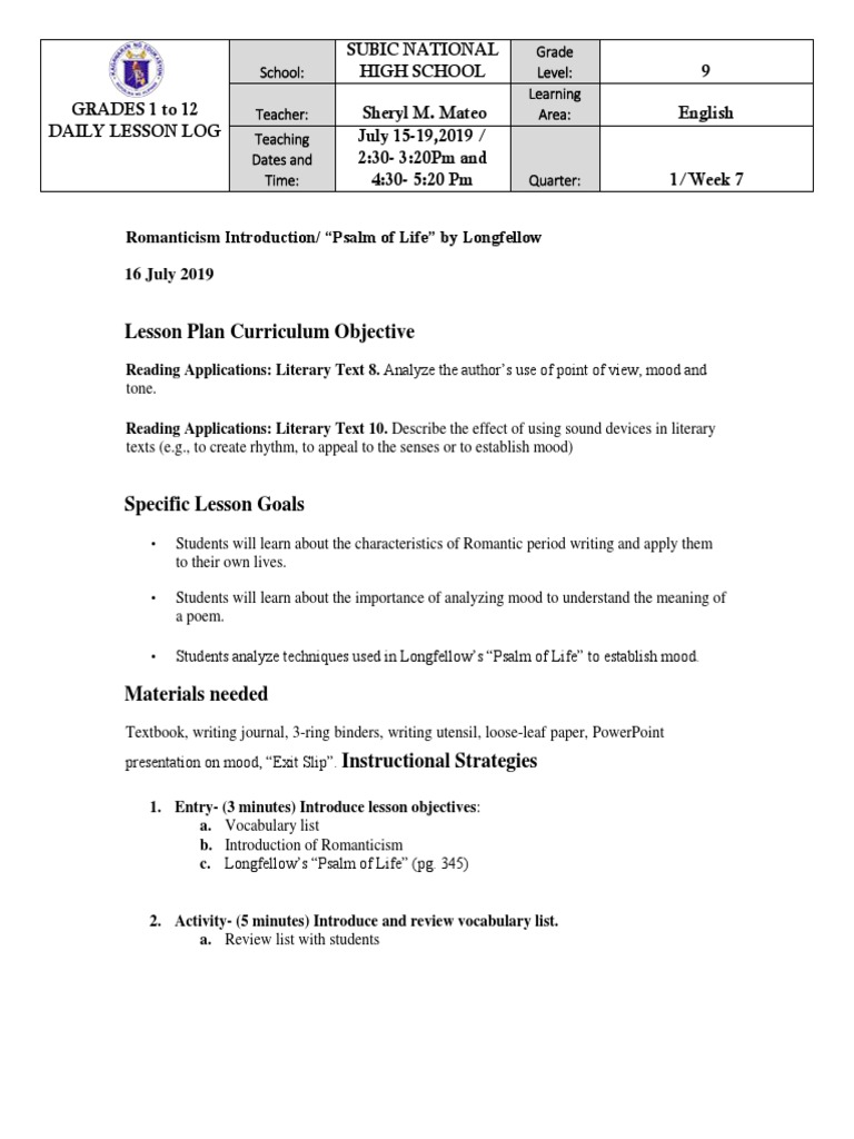 Psalm-of-Life-Lesson-Plan DEMO | PDF | Language Arts & Discipline ...