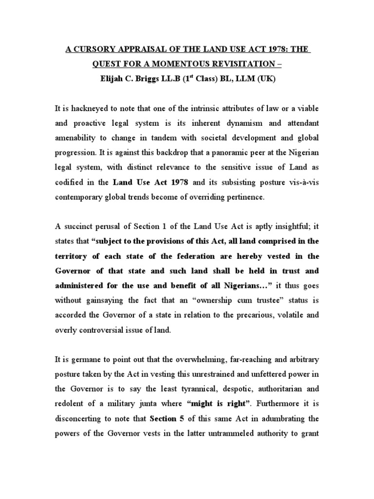A Cursory Appraisal of The Land Use Act 1978 PDF Constitution