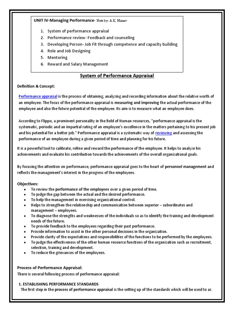 System of Performance Appraisal: Managing Performance UNIT IV-Managing ...