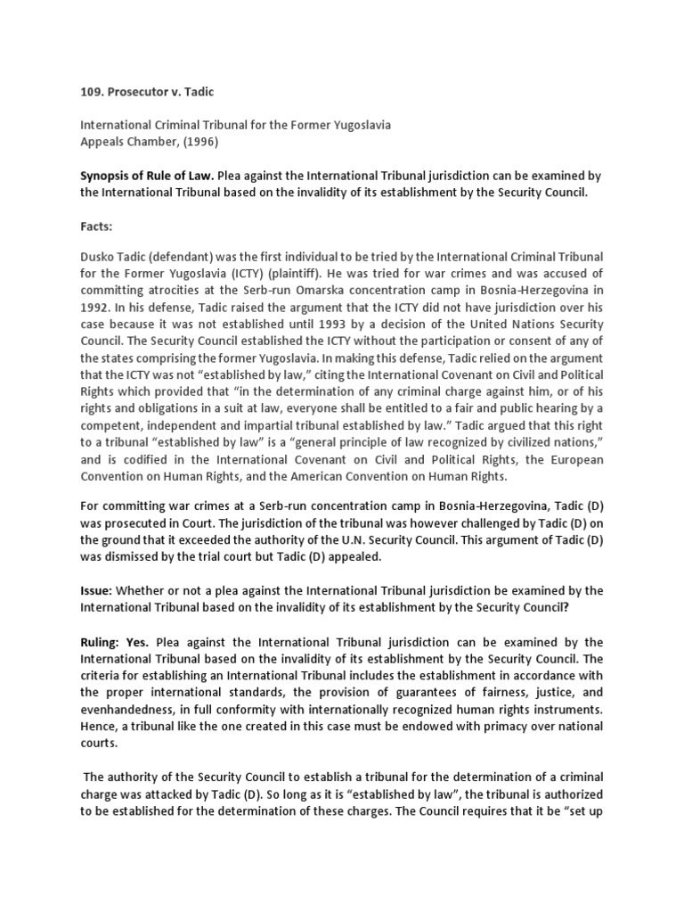 Jurisdiction Challenge in Tadic Case | PDF