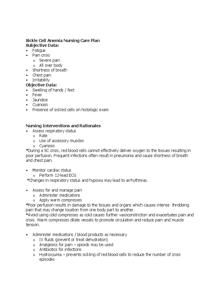 Sickle Cell Anemia Nursing Care Plan | PDF