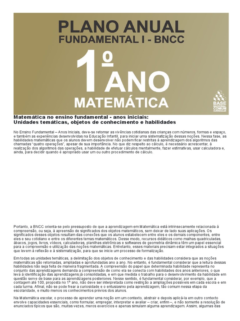 Planejamento Anual de Matemática 1 Ano Do Fundamental de Acordo Com A ...