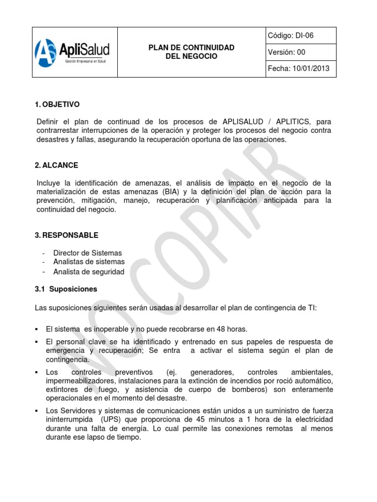 Plan de Continuidad del Negocio APLISALUD | PDF
