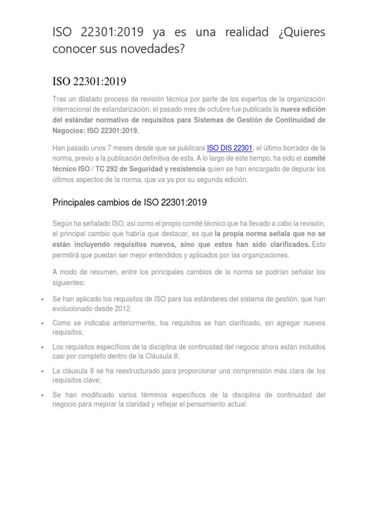 Novedades de ISO 22301:2019 | PDF | Organización internacional para la ...
