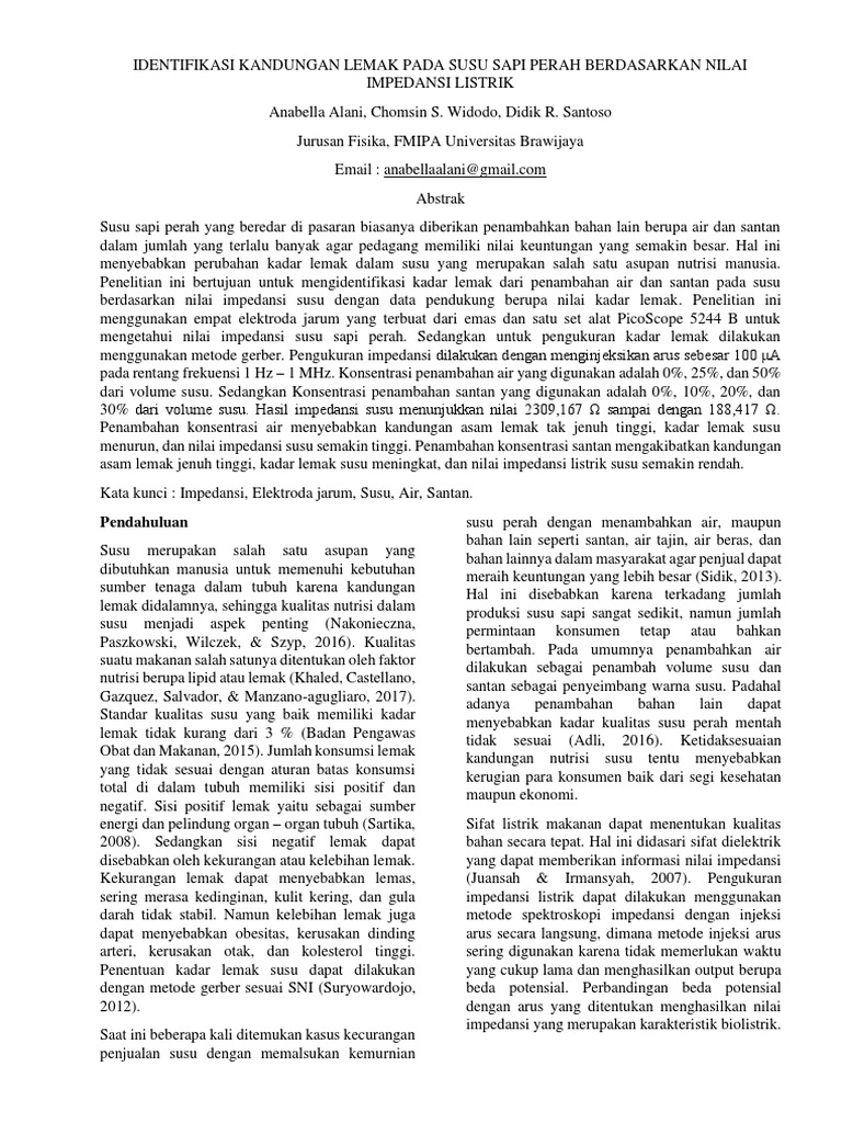 Identifikasi Kandungan Lemak Pada Susu Sapi Perah Berdasarkan Nilai