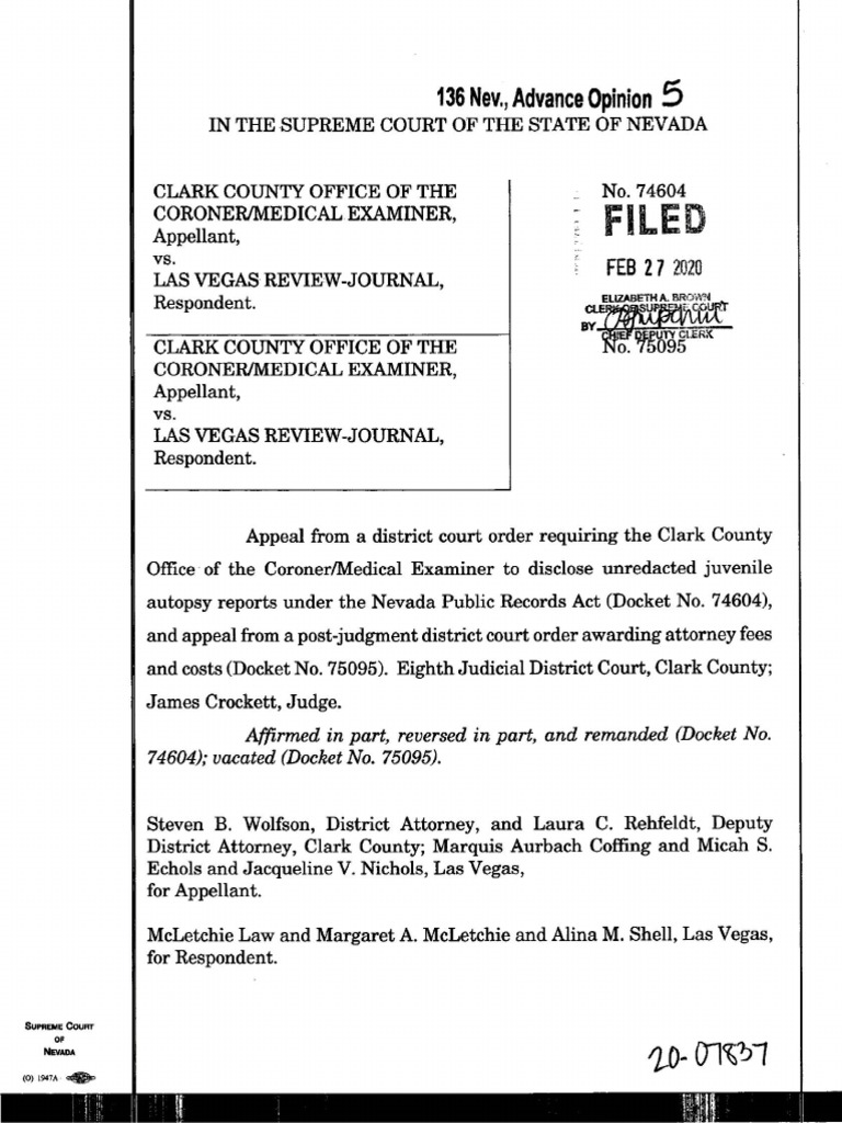 Nevada Supreme Court Opinion On Autopsy Records PDF
