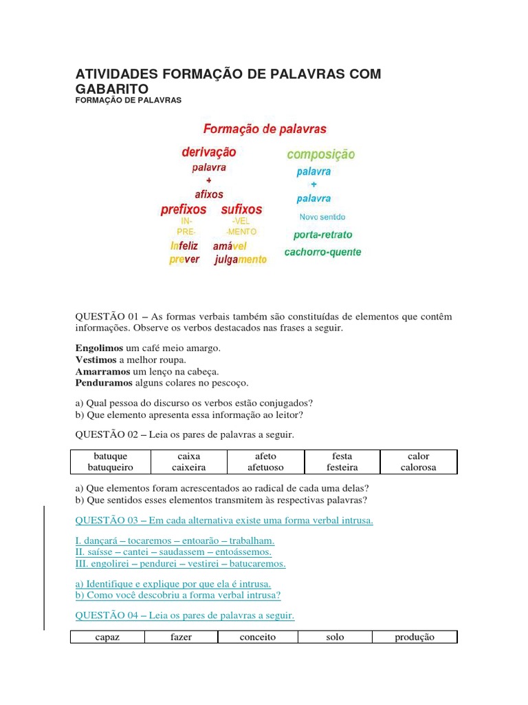 Atividades de Formação de Palavras | PDF | Artes Linguísticas e Disciplina