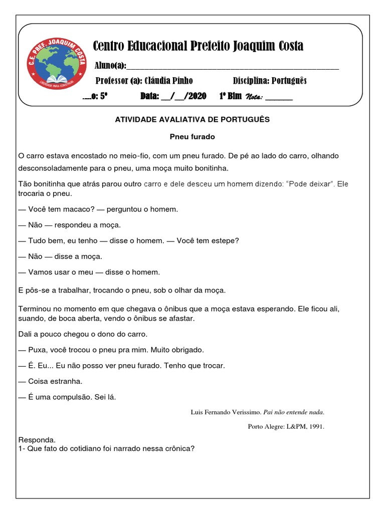 Ativ, Avaliativa de Portugues-5 Ano-1 Bimestre | PDF