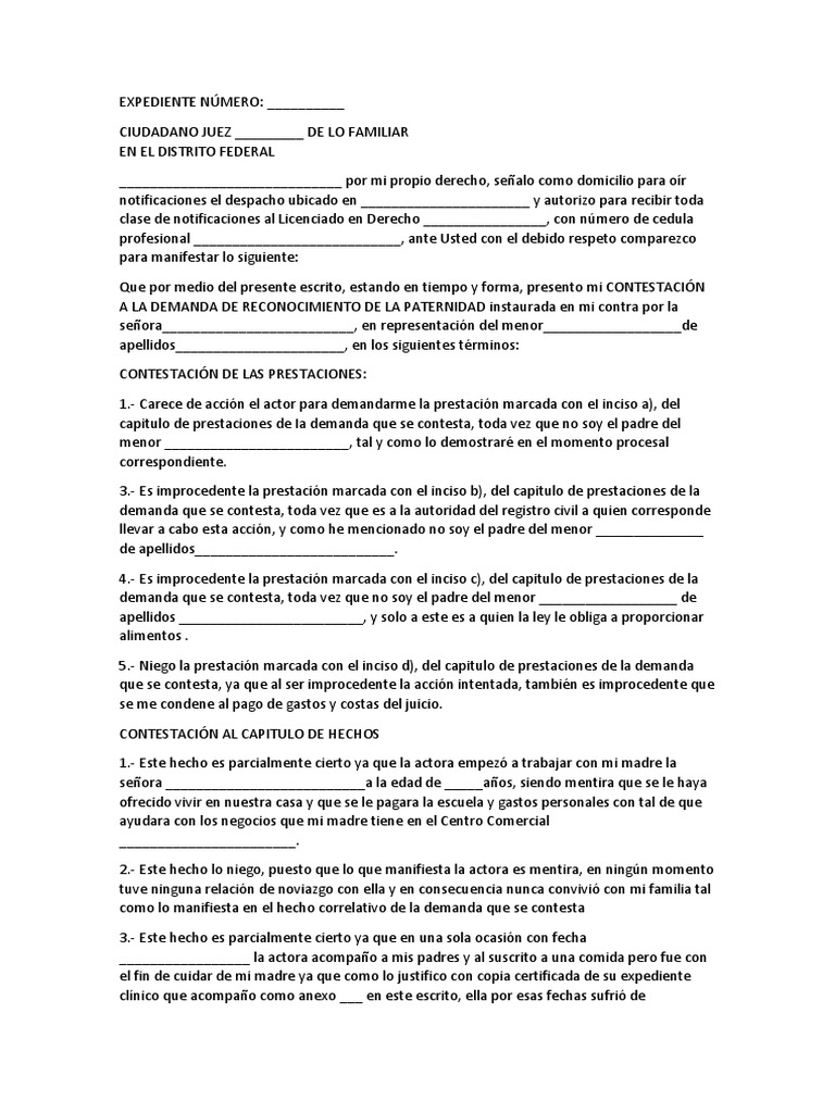 Contestación a demanda de reconocimiento de paternidad y oposición de ...