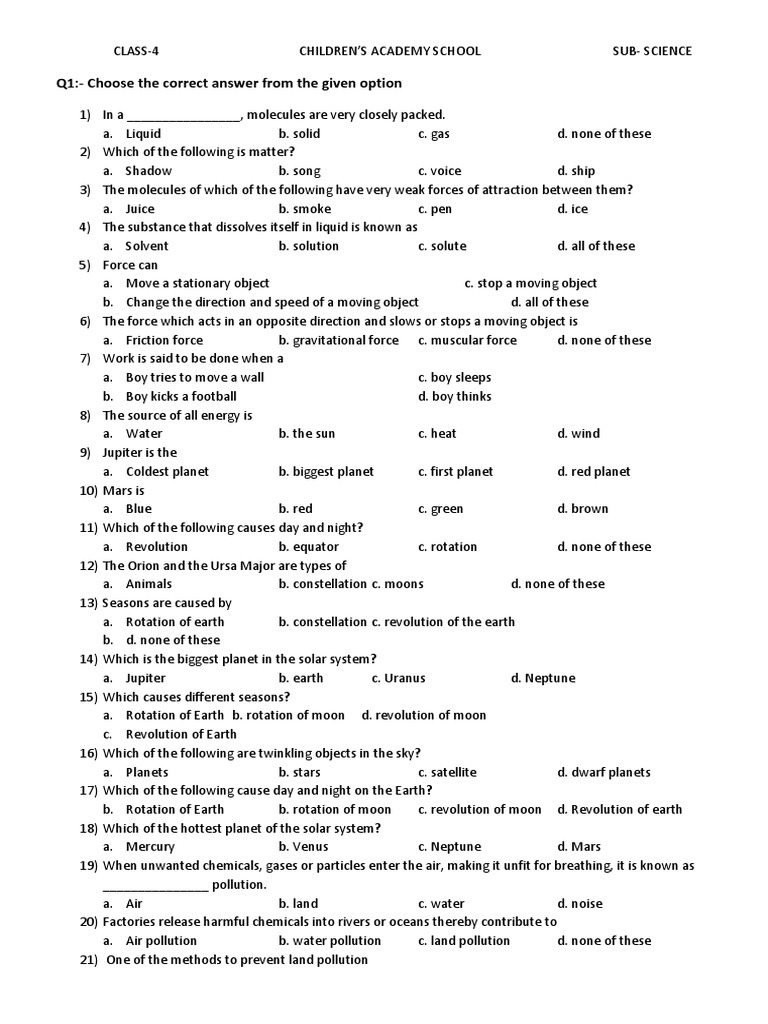 CLASS 4 Science PDF Atmosphere Of Earth