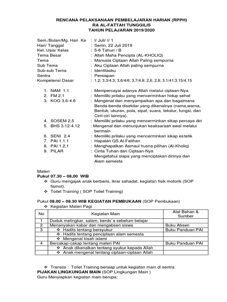 RPPH Model Pembelajaran Sentra | PDF