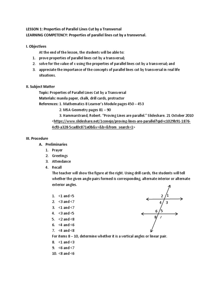 LESSON 1 Properties of Parallel Lines Cu | PDF | Elementary Mathematics ...