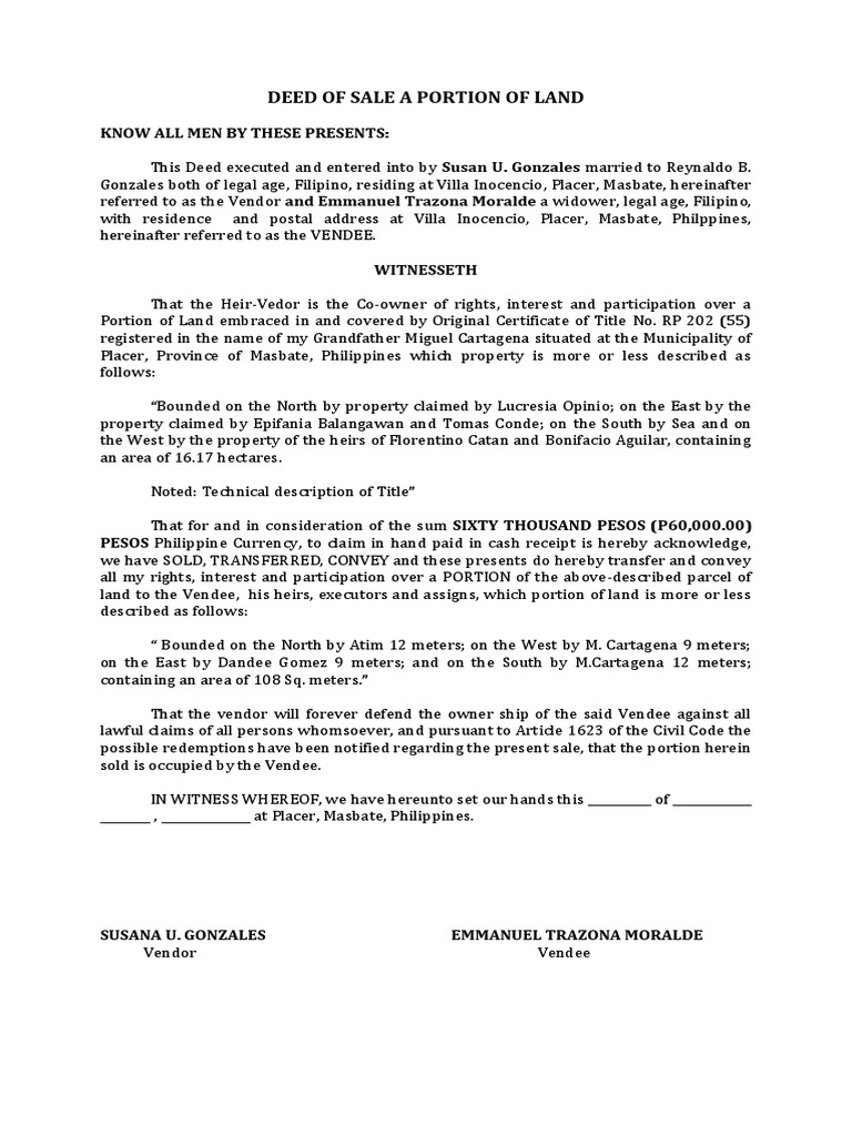 Deed of Sale of A Portion of Land by Gonzales PDF Natural Resources