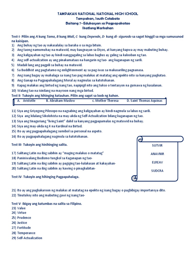 3rd Quarter Exam in Esp 7 | PDF