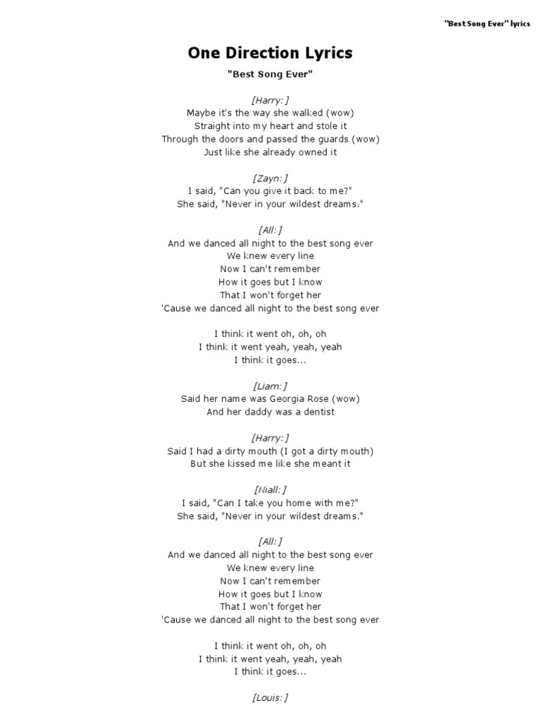 One Direction Best Song Ever Lyrics Azlyrics Com Pdf