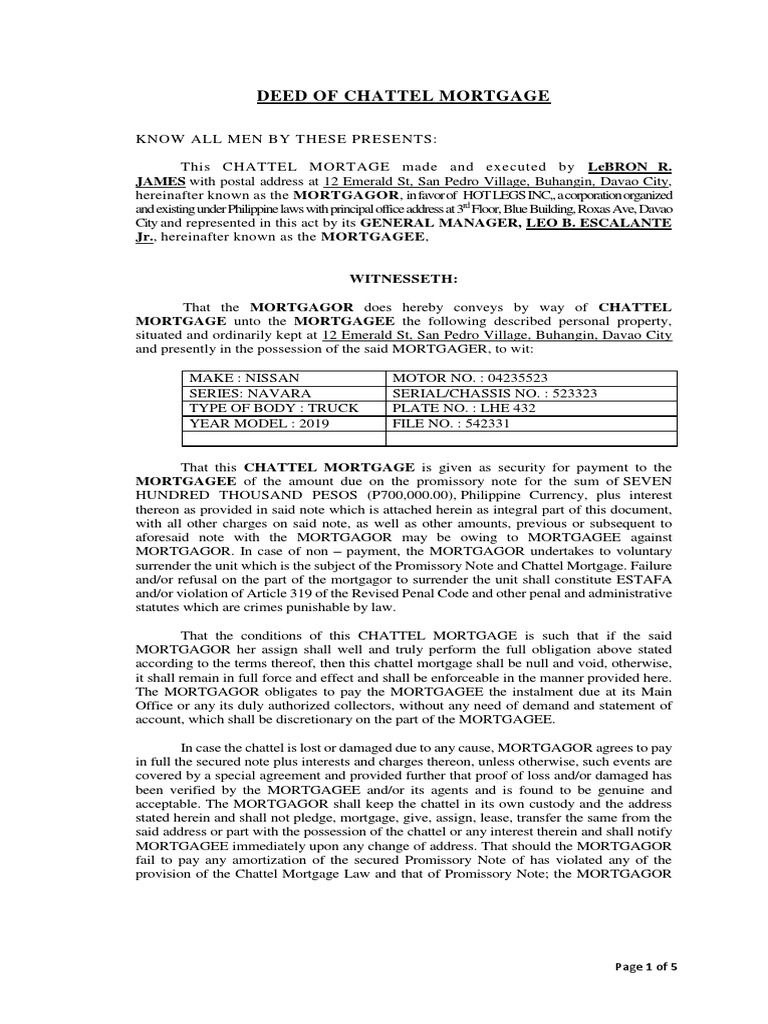 Chattel Mortgage Agreement 2020 | PDF | Mortgage Law | Foreclosure