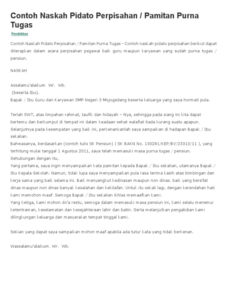 Contoh Pidato Perpisahan Kepala Sekolah Pensiun · Kumpulan Contoh 