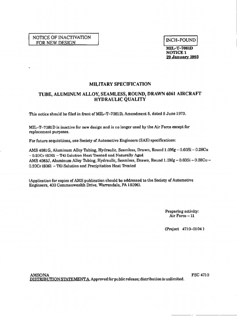 Inactivation Notice for MIL-T-7081D | PDF