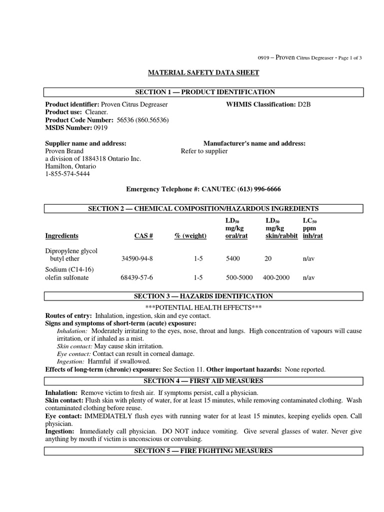 Proven Citrus Degreaser MSDS 56536 PDF Dangerous Goods Volatile