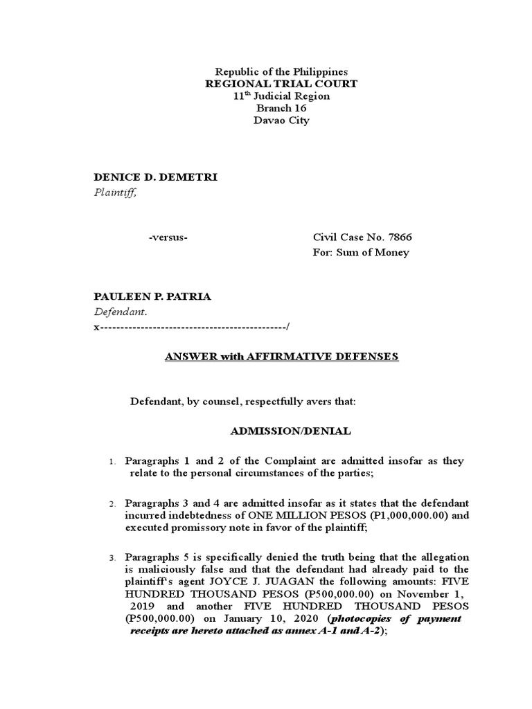 Answer With Affirmative Defenses PDF Lawsuit Judiciaries