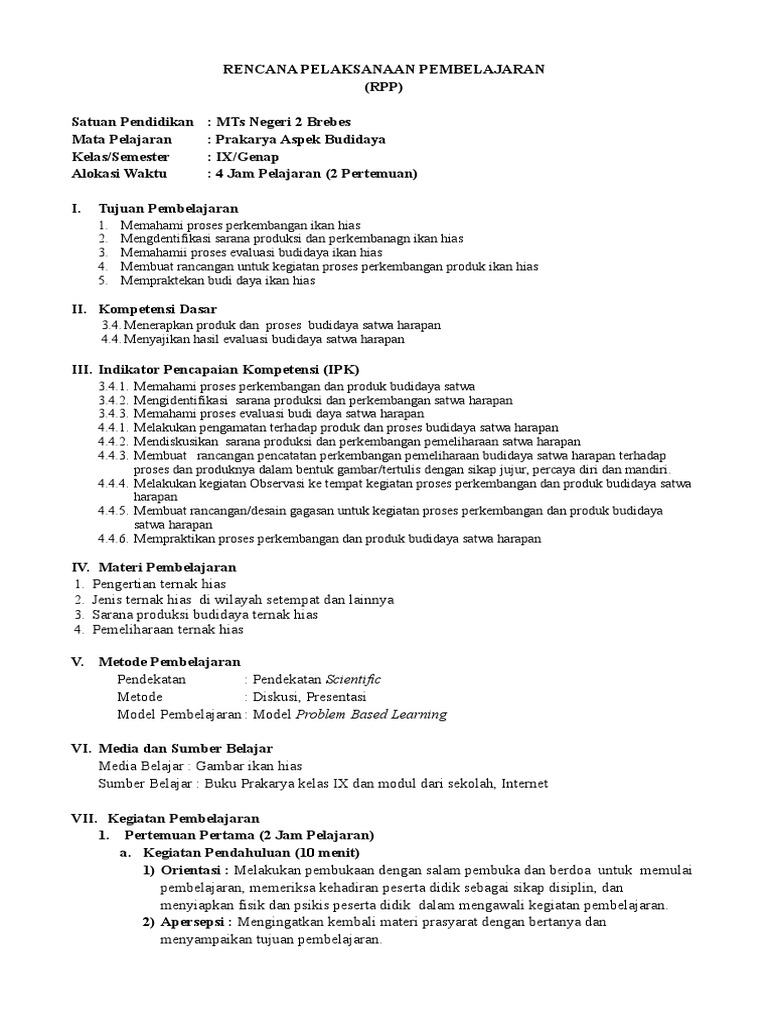 Rpp Prakarya Budidaya Kelas 9 Smp Mts Format Terbaru 2020