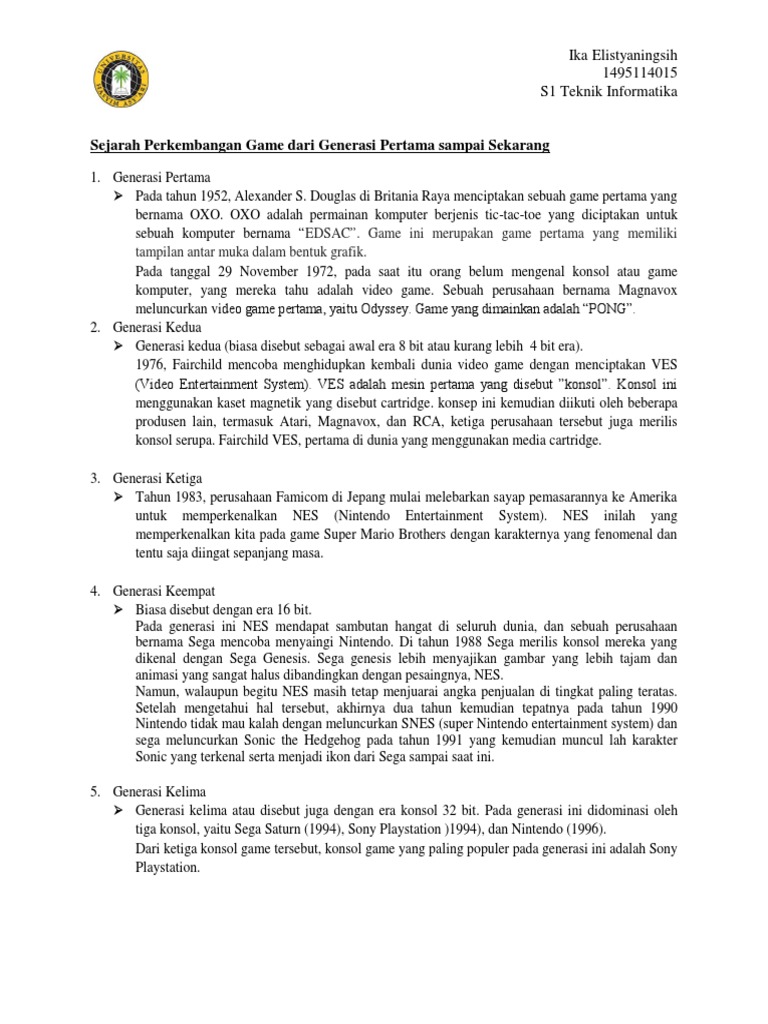 Sejarah Perkembangan Game Dari Generasi Pertama Sampai Sekarang Pdf