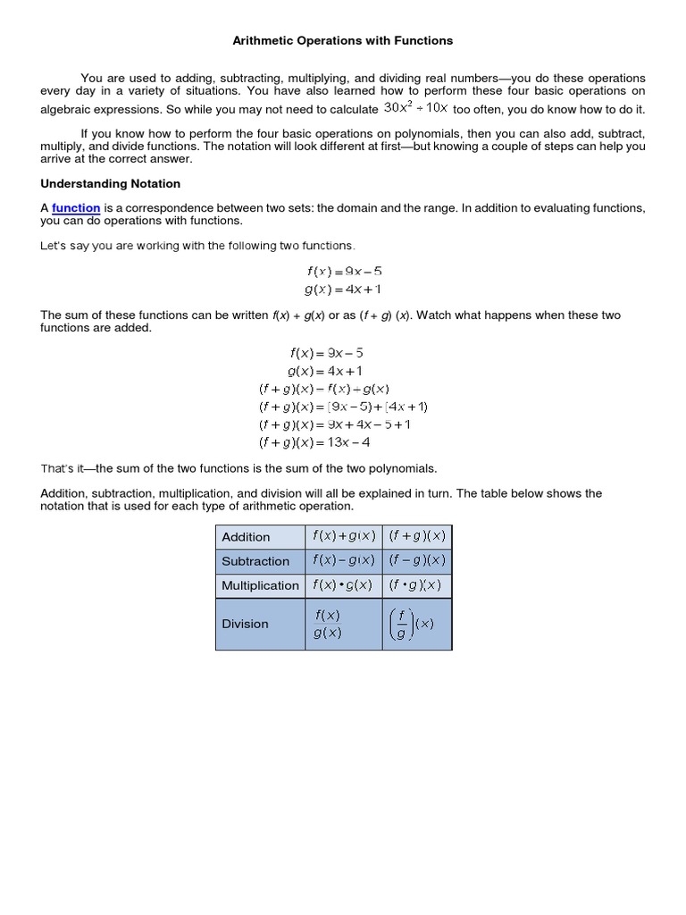 Performing Arithmetic Operations on Functions: Adding, Subtracting ...