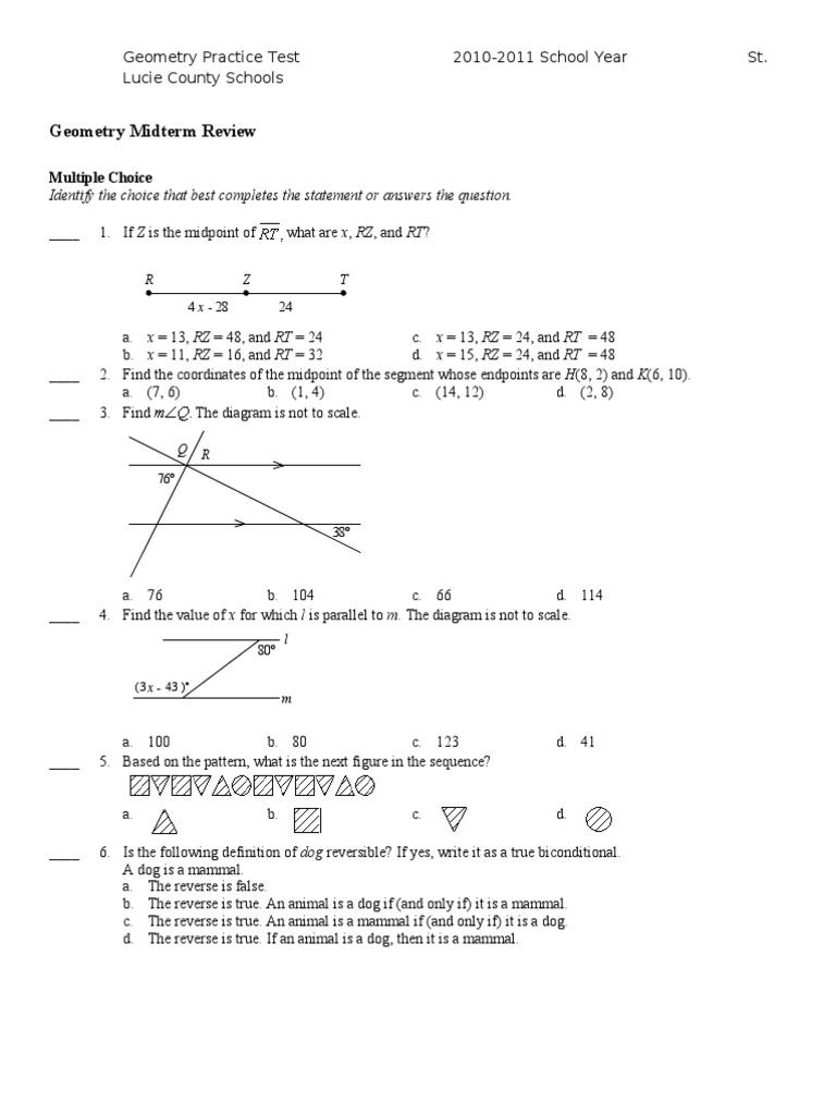 St. Lucie County Geometry Semester 1 Review Area Euclid