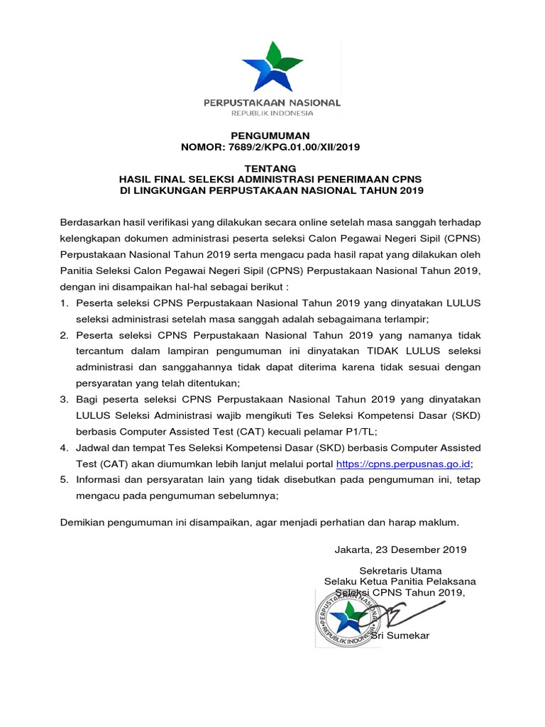 Pengumuman Final Hasil Seleksi Administrasi Pdf