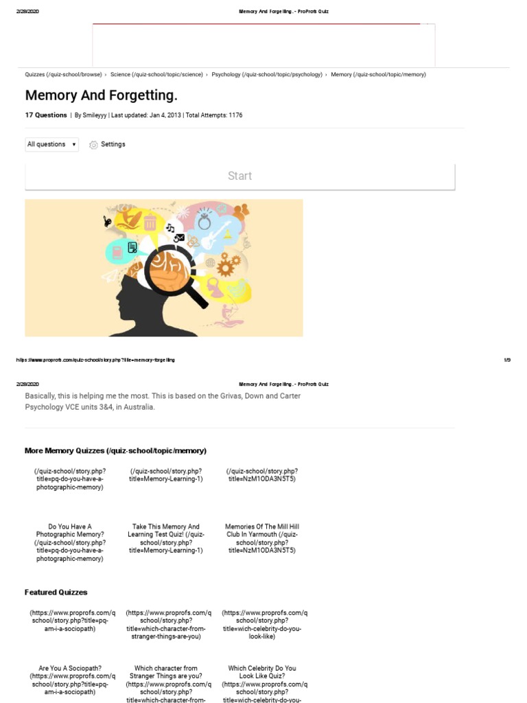 Memory and Forgetting. - ProProfs Quiz | PDF