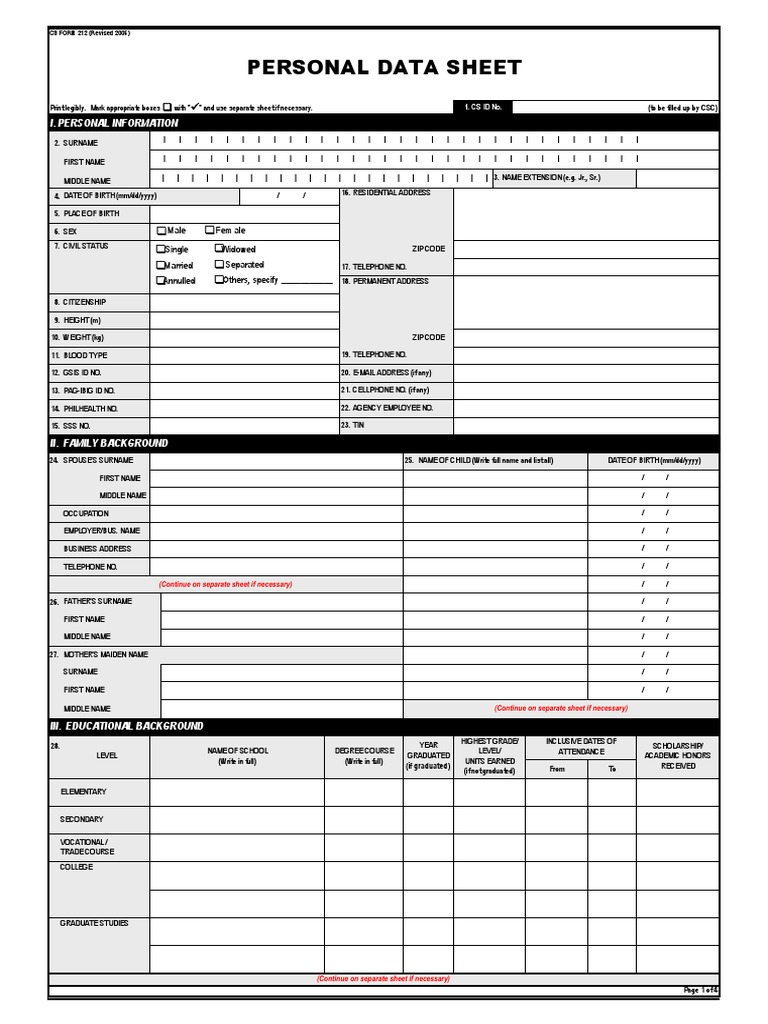 Personal Data Sheet (CS Form 212) | PDF