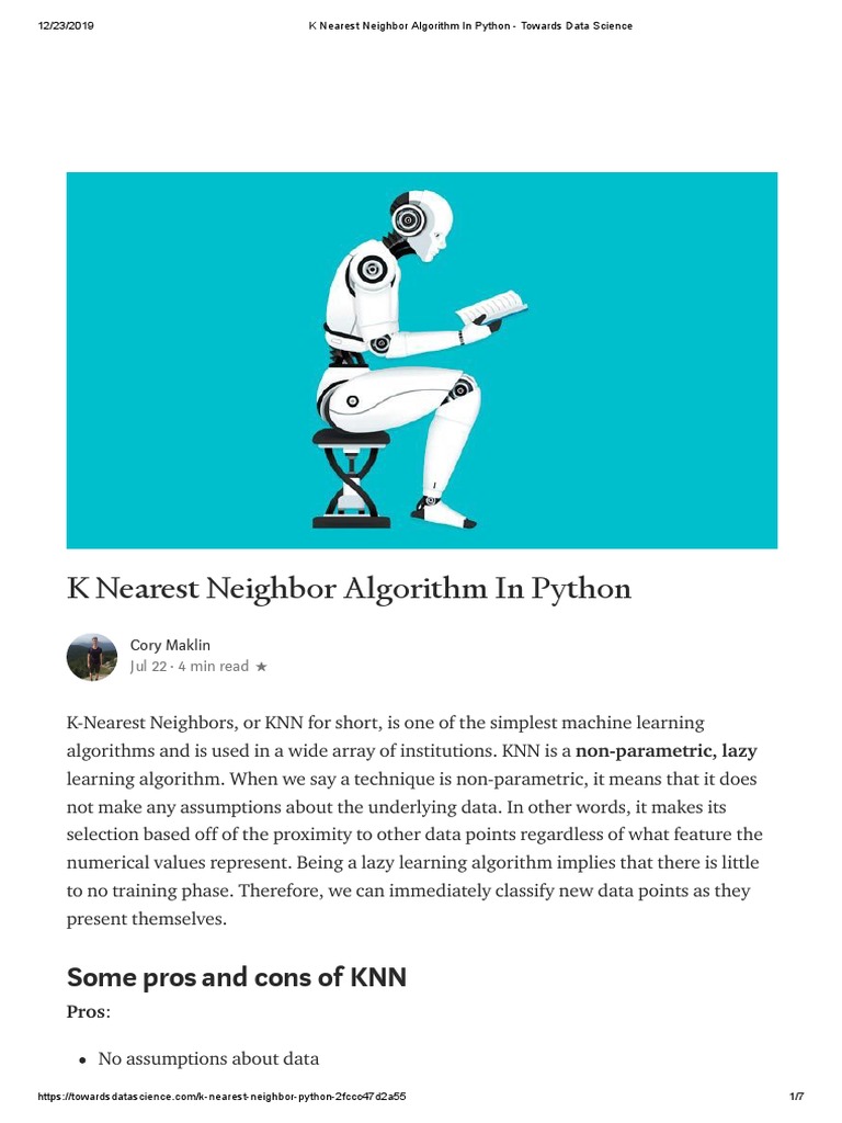 K Nearest Neighbor Algorithm in Python - Towards Data Science | PDF