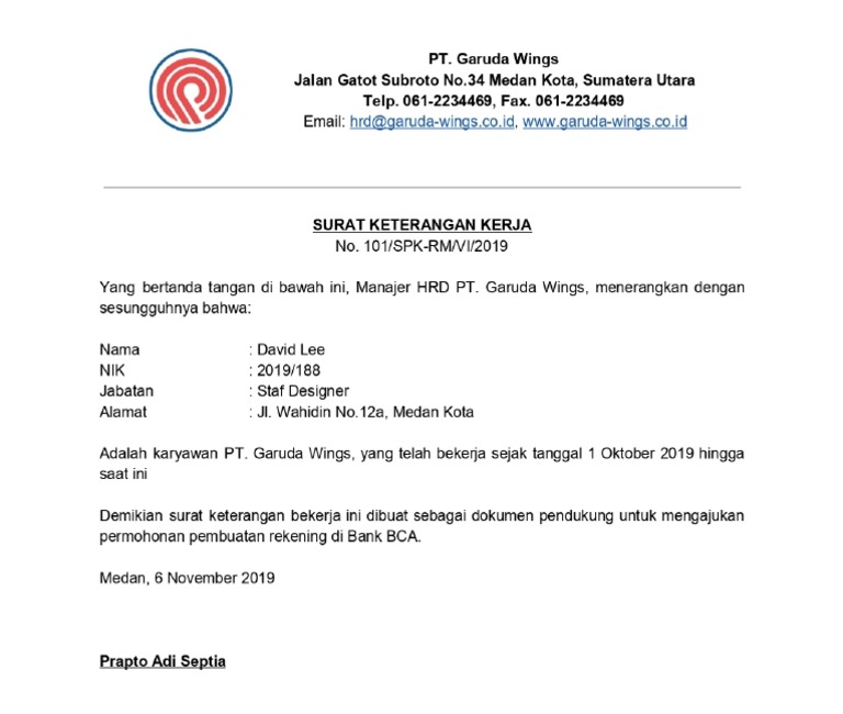 Contoh Surat Keterangan Karyawan Untuk Buka Rekening Bank
