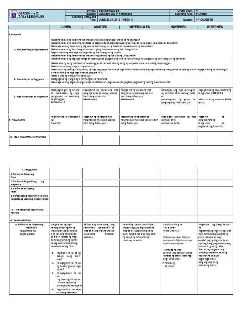 DLL - Filipino 6 - Q1 - W4 | PDF