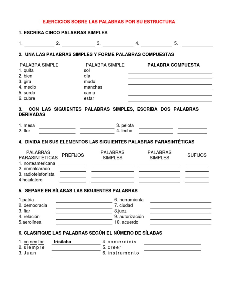 EJERCICIOS SOBRE LAS PALABRAS POR SU ESTRUCTURA
