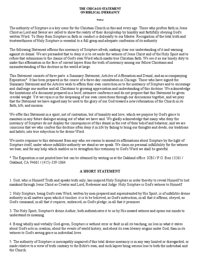 The Chicago Statement On Biblical Inerrancy | PDF | Biblical Inerrancy ...