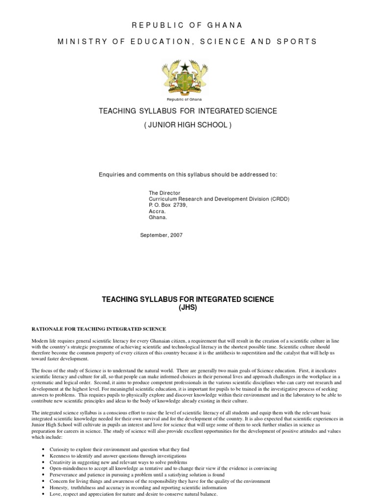 Integrated Science Syllabus Jhs 1 3 PDF PDF