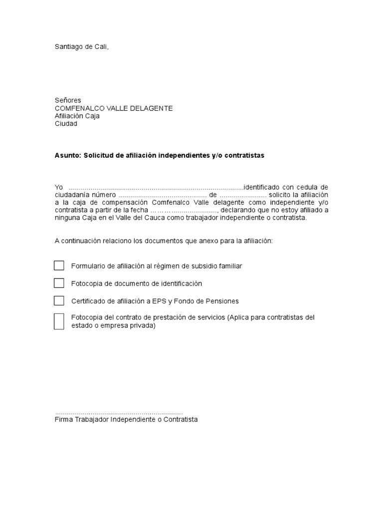 Carta Solicitud Afiliacion Independiente o Contratista | PDF