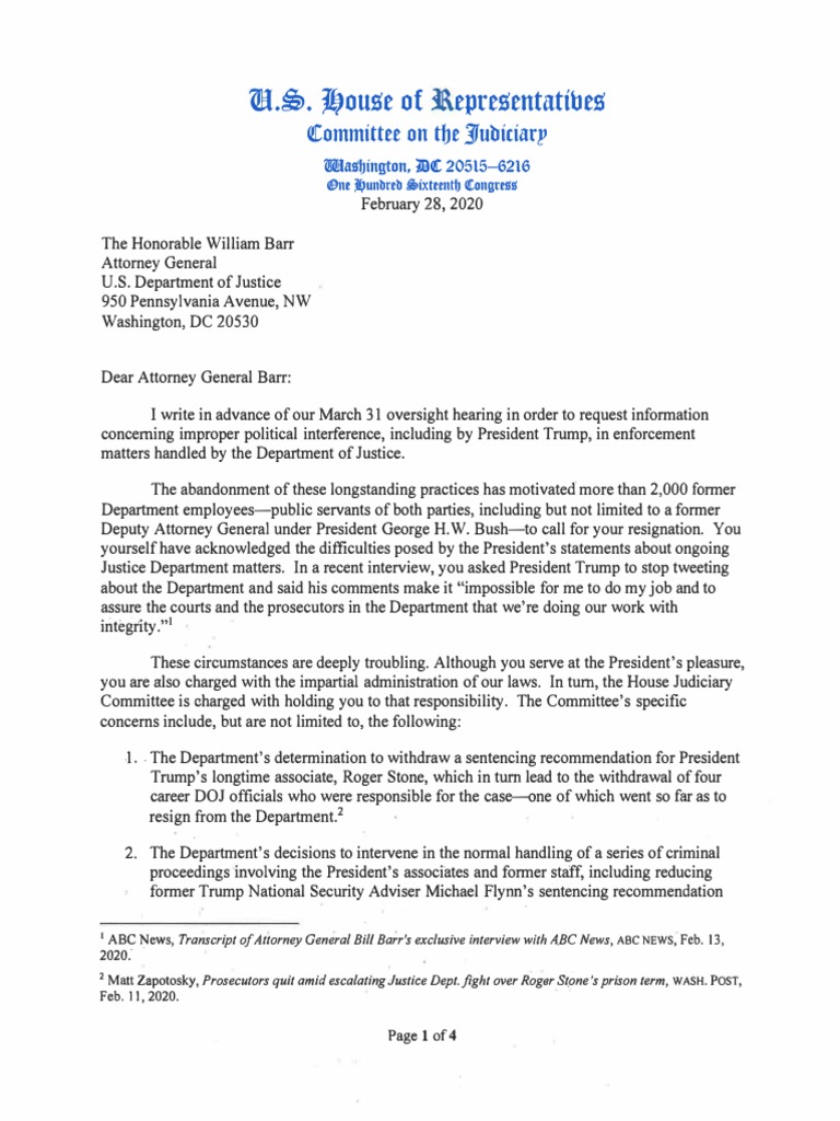 Nadler Letter To Barr | PDF | Social Science | Law