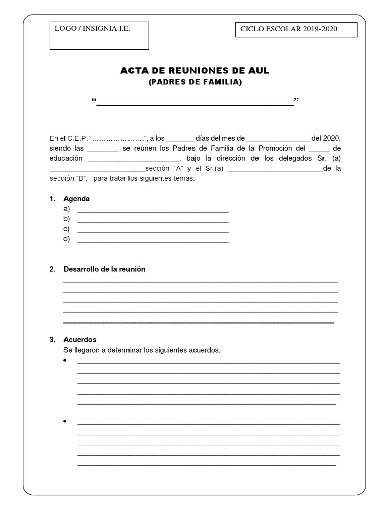 Modelo 4 Acta de Reuniones de Aula Padres de Familia | PDF