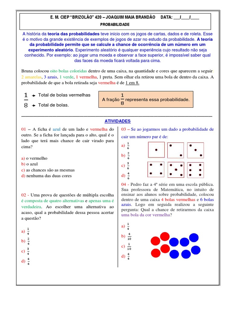 Atividade de Probabilidade | PDF | Vermelho | Probabilidade
