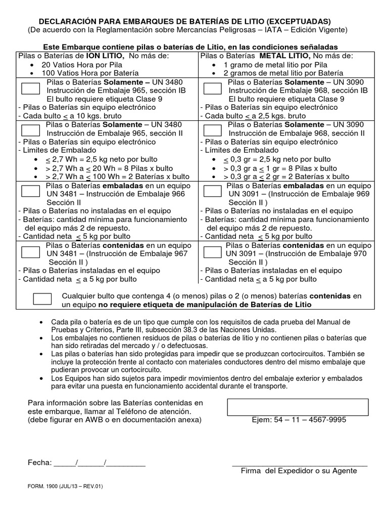 DECLARACION BATERIAS DE LITIO Rev.01 PDF | PDF