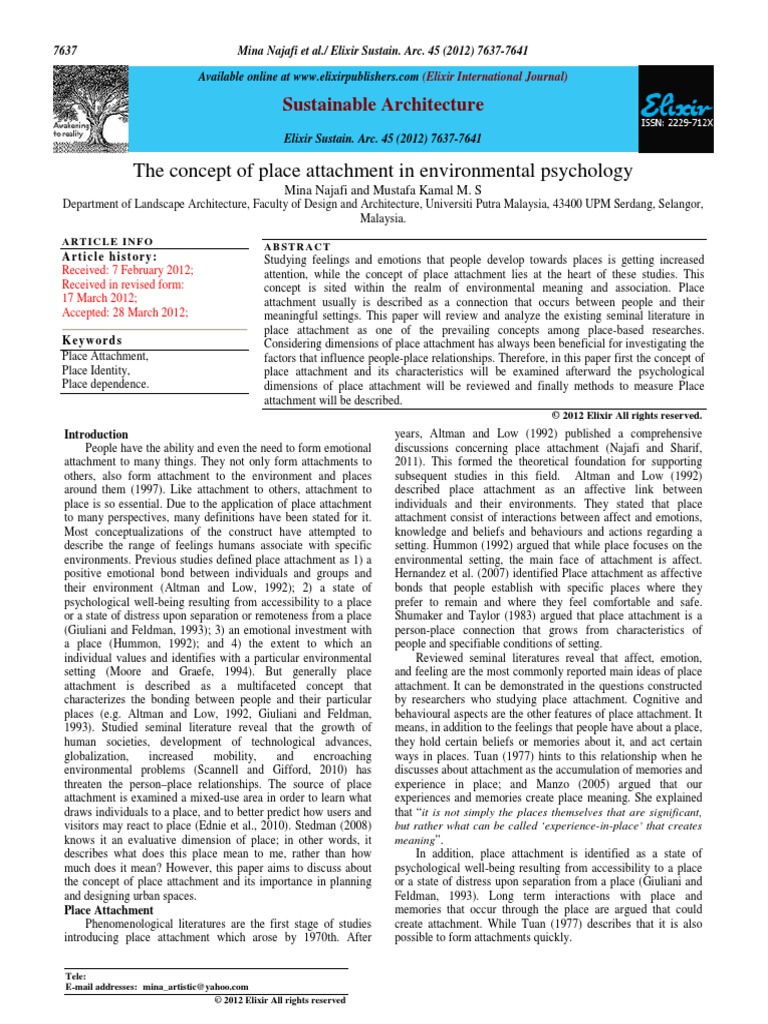 The Concept of Place Attachment in Environmental Psychology PDF | PDF