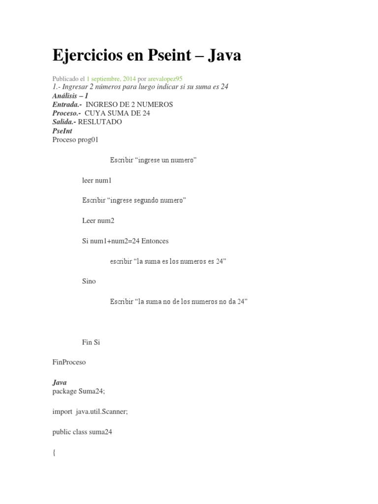 Ejercicios en Pseint Vs Java | PDF