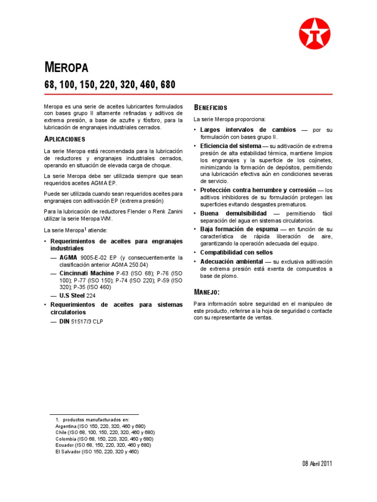 Aceites Lubricantes Meropa: Especificaciones | PDF | Engranaje | Lubricante