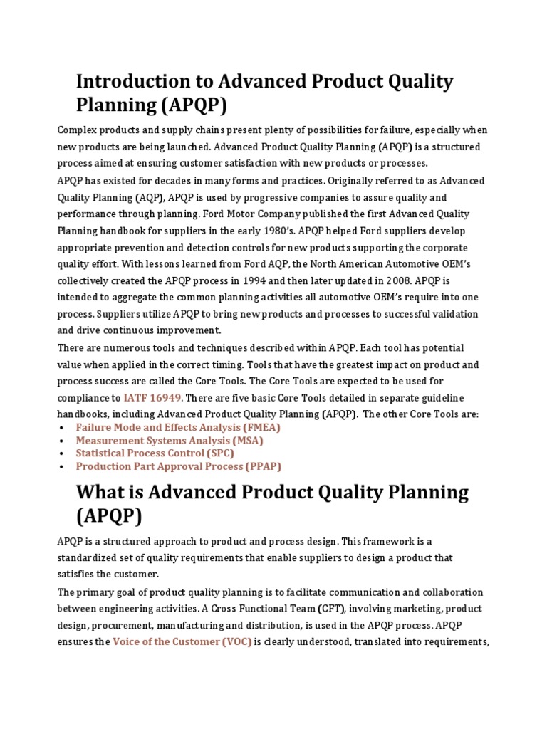 Introduction To Advanced Product Quality Planning PDF Design For