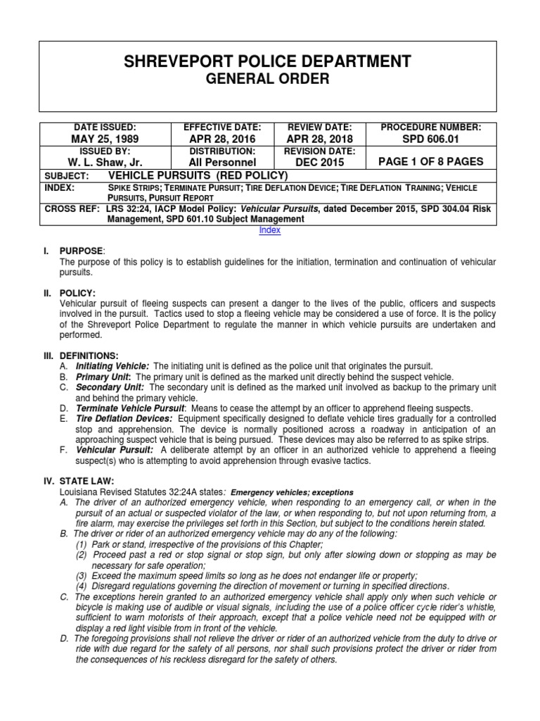 Shreveport Police Department Vehicle Pursuit Policy PDF Police