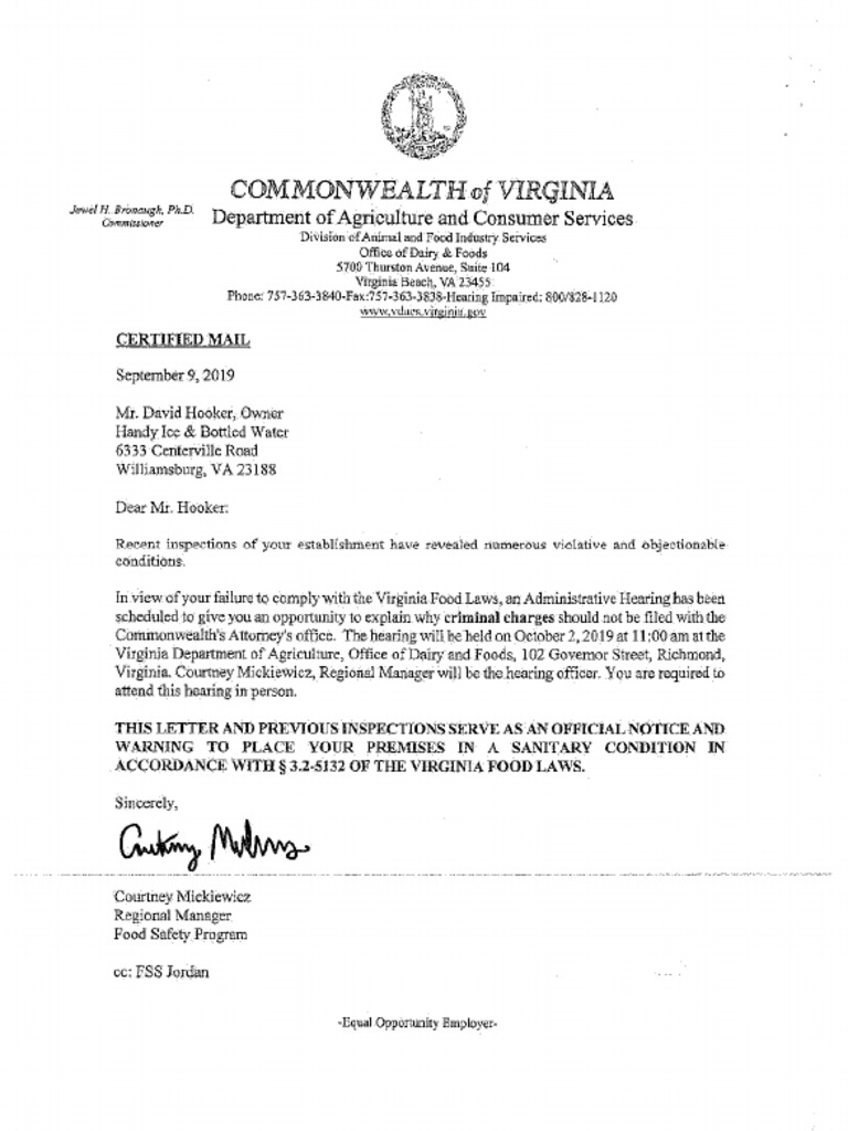 Letters To David Hooker From The Virginia Department of Agriculture and