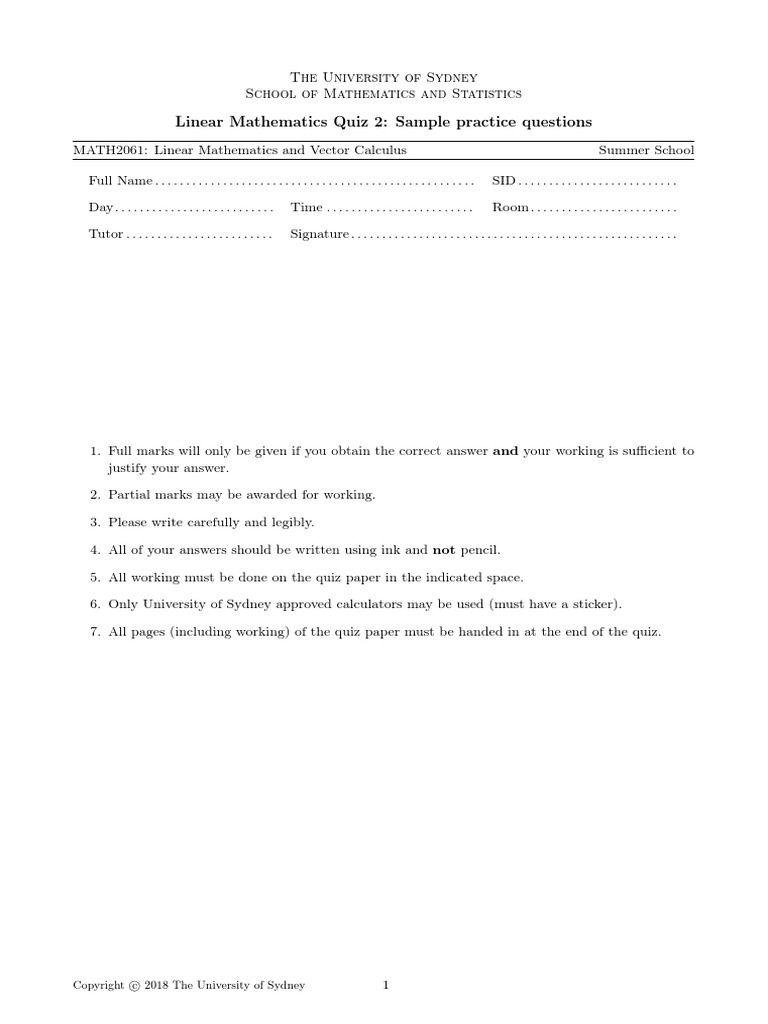 Sample Quiz LM | PDF | Basis (Linear Algebra) | Abstract Algebra